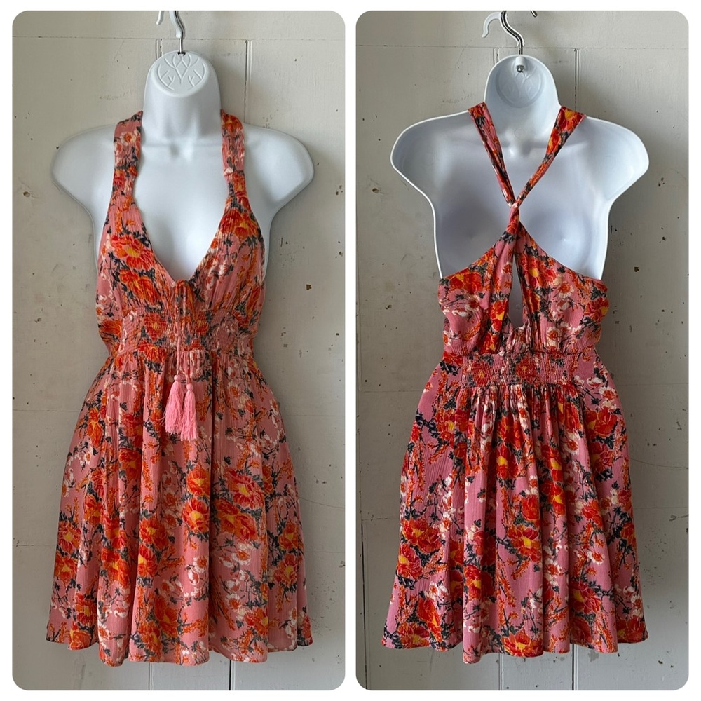 Free People BoHo Pink and Orange Sleeveless Floral Mini Dress